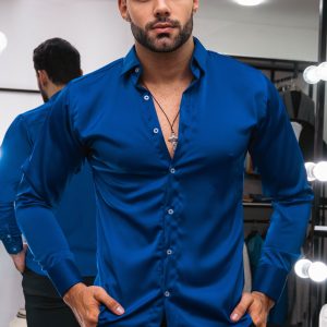 Camisa Azul Satinada Manga Larga